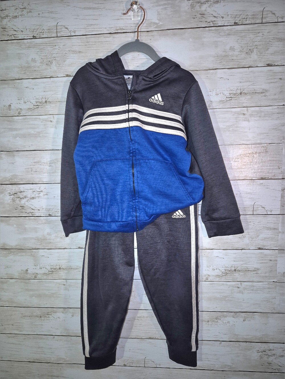 Adidas Kids Charcoal & Blue Hooded Tracksuit Size 5